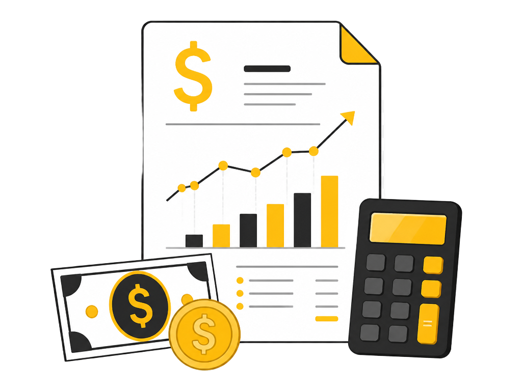 Dividend statement with charts, banknote, coin and calculator