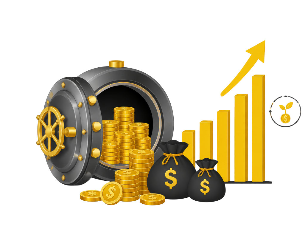 Vault with gold coins, money bags and a rising growth chart